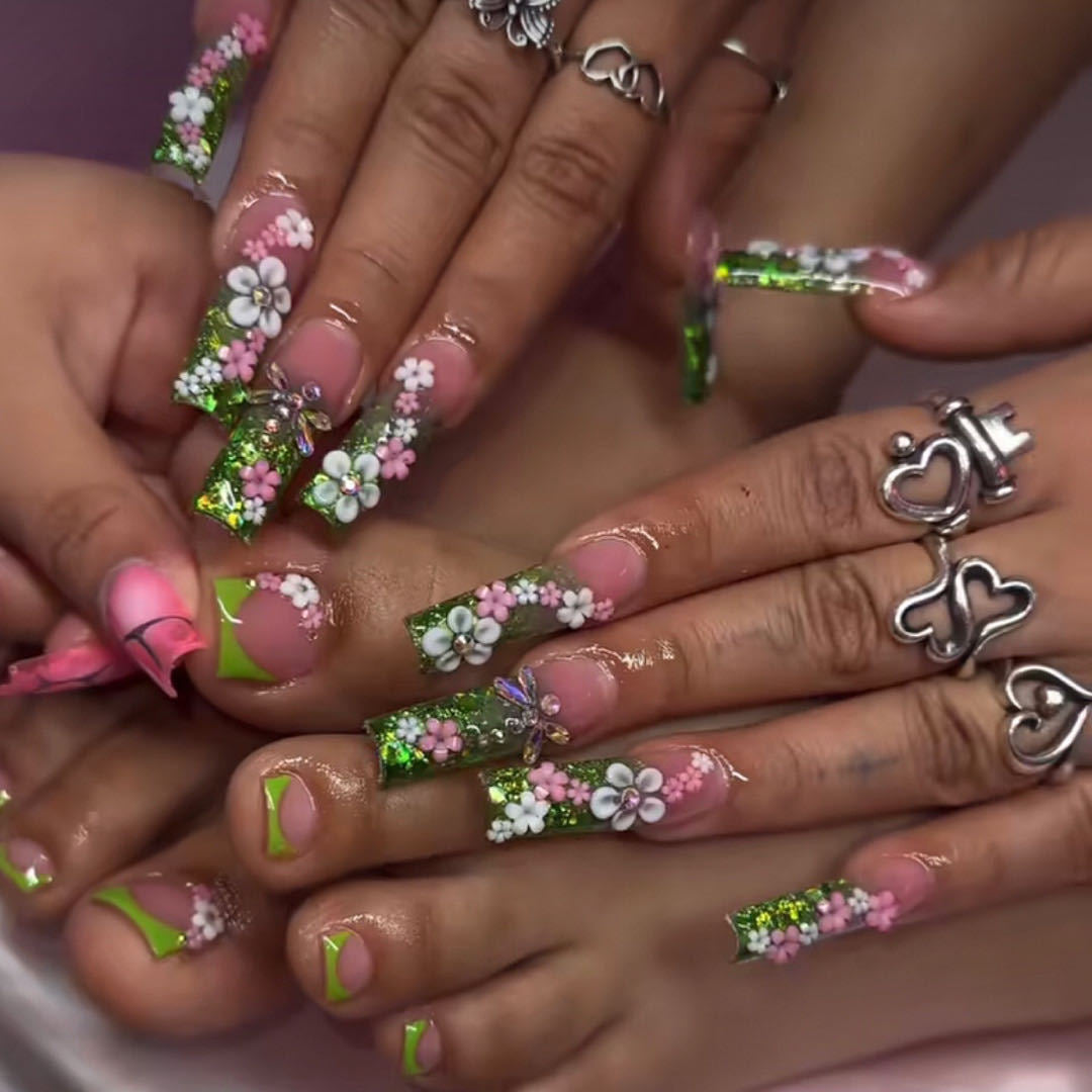 Rustic Green French Nails with Pink and White Flowers