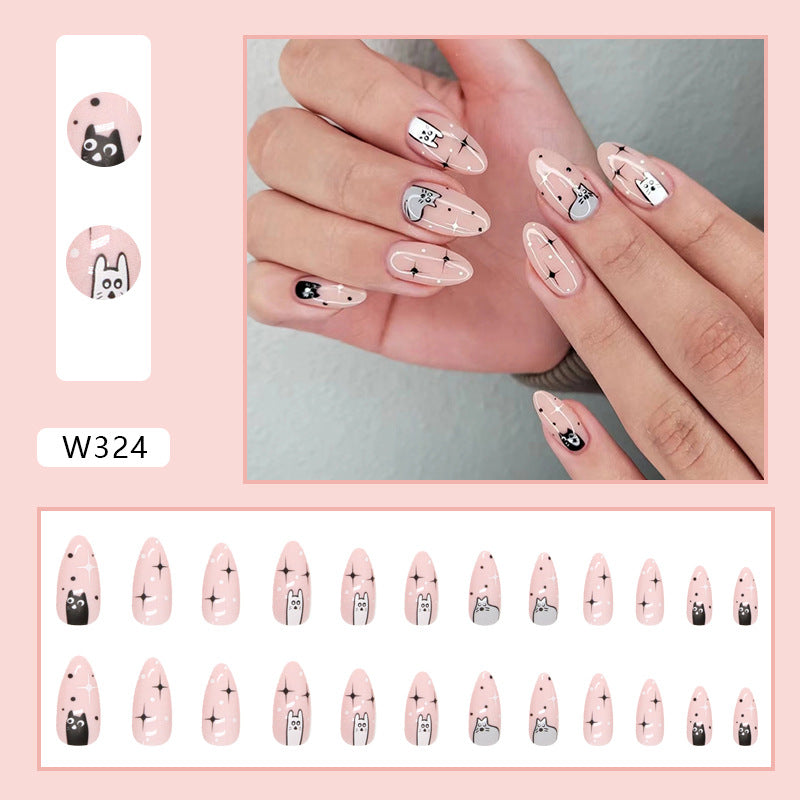 Cute Cat Ins Style Black White Pink Almond Nails Sweet Pet Series Women's Wearable Nails