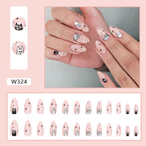 Cute Cat Ins Style Black White Pink Almond Nails Sweet Pet Series Women's Wearable Nails