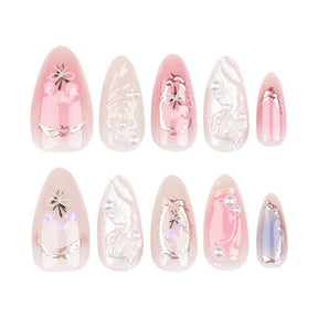 Aurora Butterfly Nails with Rhinestones, Blush Ombre, and Pearl Bows