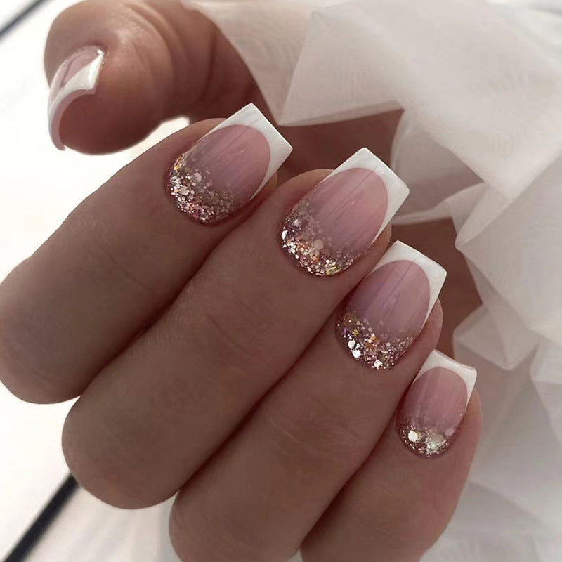 Simple Short White French Glitter Fall Nails, 24-Piece Set