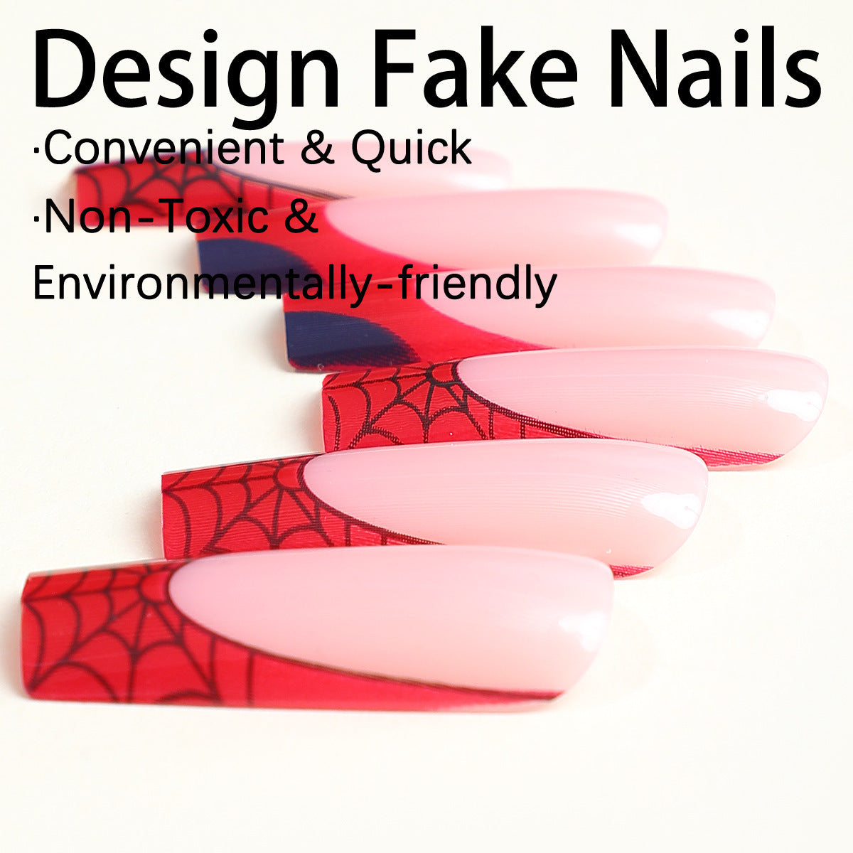 Long Marvel Spider-Man Nail Tips with Spider Web Design