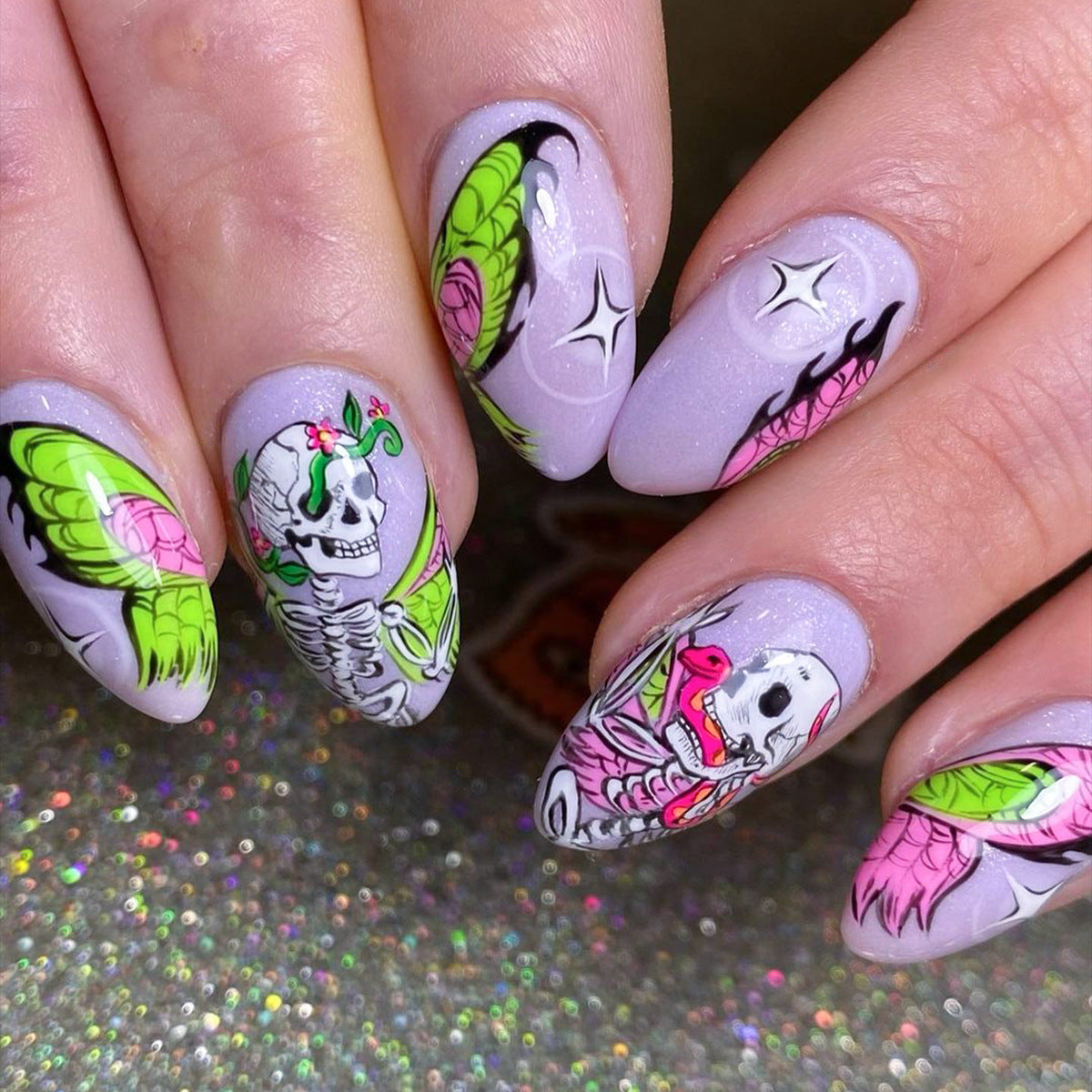 Colorful Skull and Butterfly Wings Halloween Nails