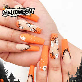 Long Trapezoid Halloween False Nails Pumpkin Faceless Monster