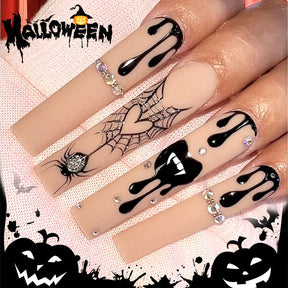 Halloween Long Water Pipe Nail Tips with Spider Web Design