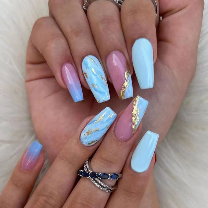 Blue Ombre Mid-Length Cross-Border Fake Nails with Gold Foil Flakes