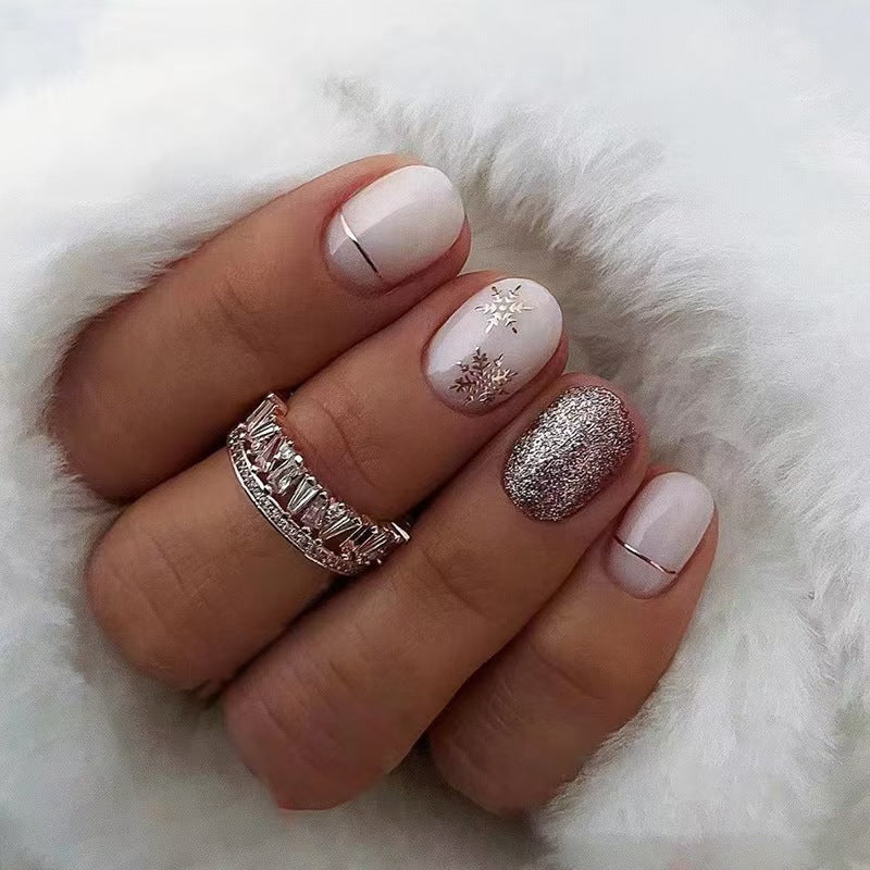 Short Square Sparkle Snowflake Nail Tips for Christmas