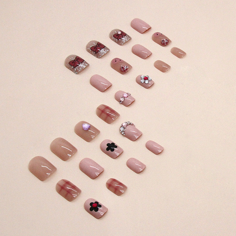 Cute Smiling Face Bow Check Fall Nails, Heart Flower Diamond Nail Patches