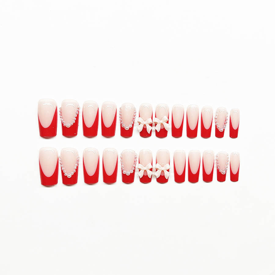 Y2K Long Ballet Red French Bow Nails, Removable & Stylish