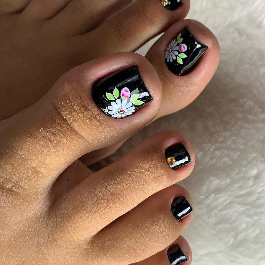 Black Vintage Flower Hand-Painted Toe Nail Tips