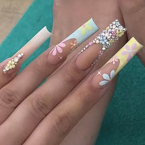 Colorful Fall Nails: Long French Diamond-Encrusted Flower Nail Tips