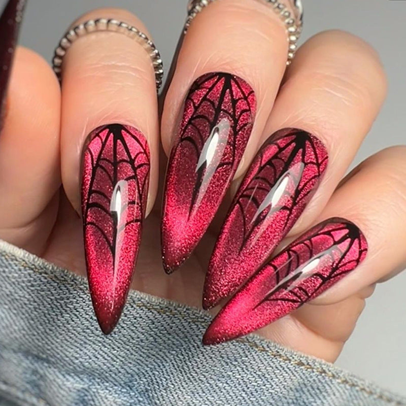 Red Cat Eye Spider Web Halloween Nails, Pointed Shape