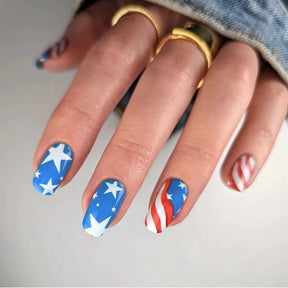 4th of July White Blue Star Line Short Square Nails