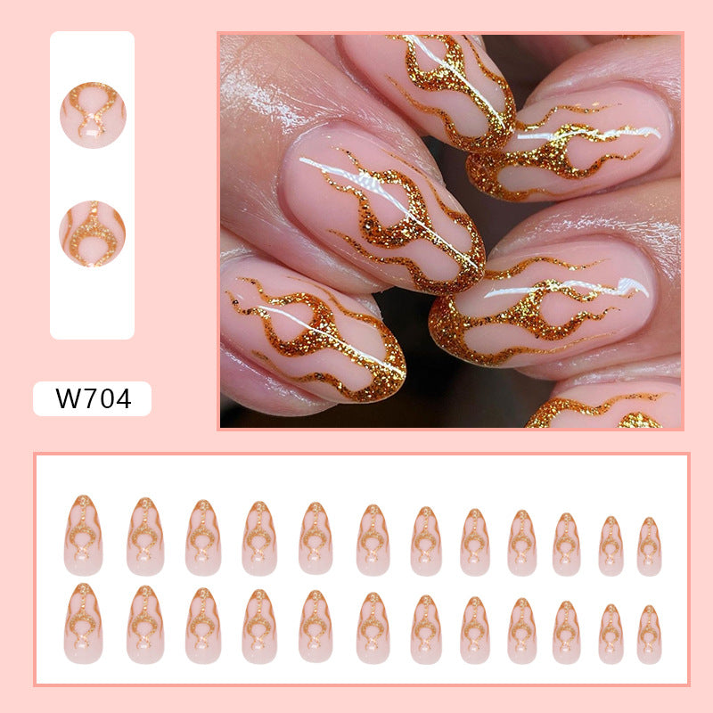 Shimmering Gold Flame Almond Fall Nails, 24-Piece Ins-Style Set