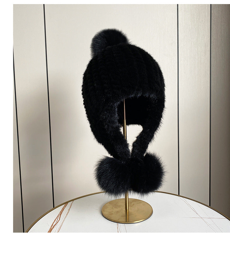 Warm Mink Fur Hat with Fox Pom Pom - Winter Luxury