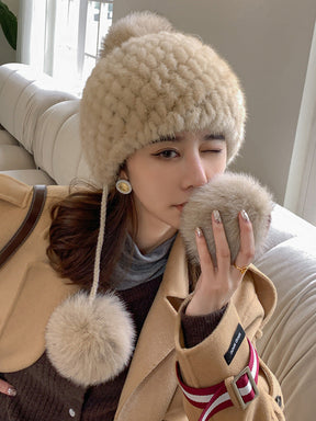 Winter Fox Pom Pom Mink Fur Hat for Women