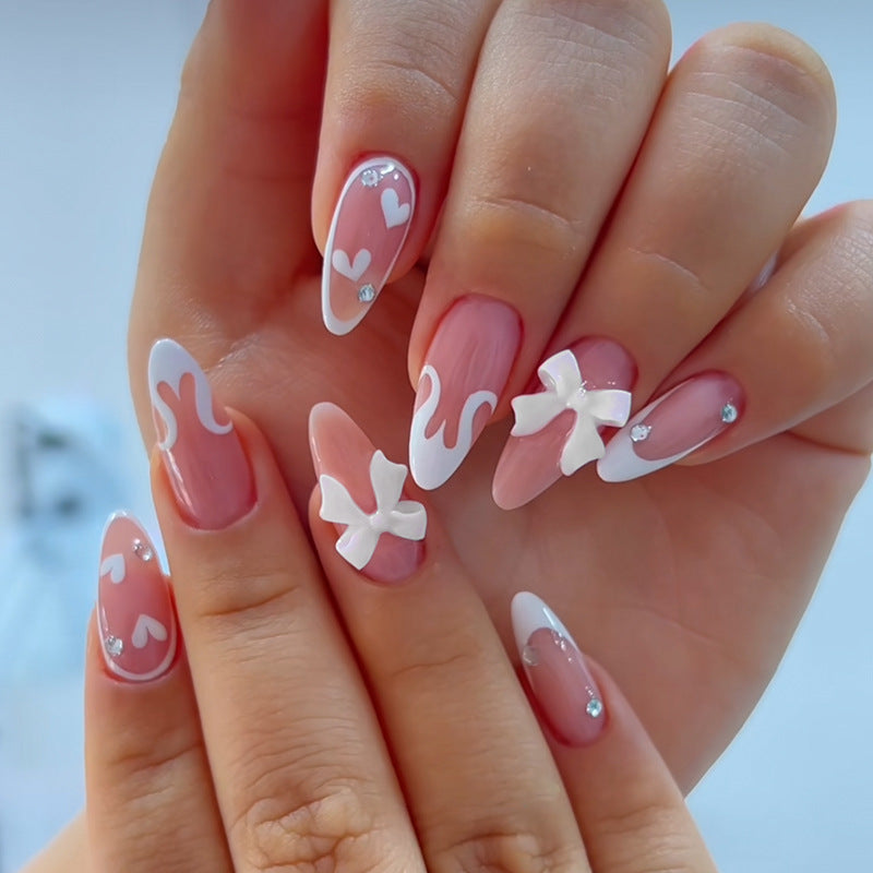 Removable Pink Almond Shaped French Heart Diamond Nails