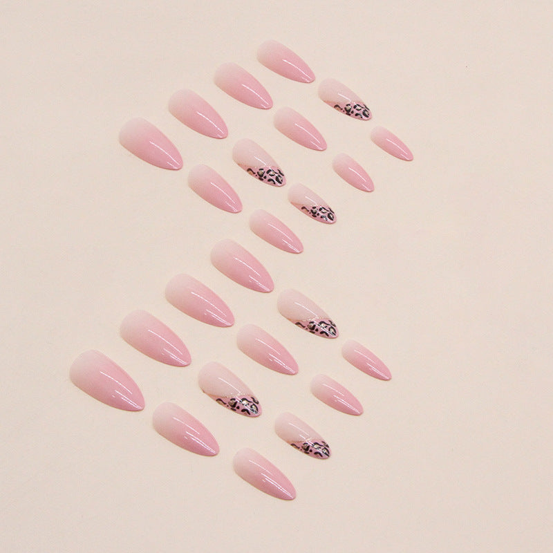 Pink Leopard Gradient Fall Nails - Round Almond Shape