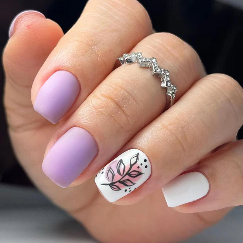 Short Matte Solid Fall Nails - Pink Purple White Leaf Silhouette