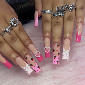 Sweet and Edgy Pearl Heart Bow Strawberry French Nails