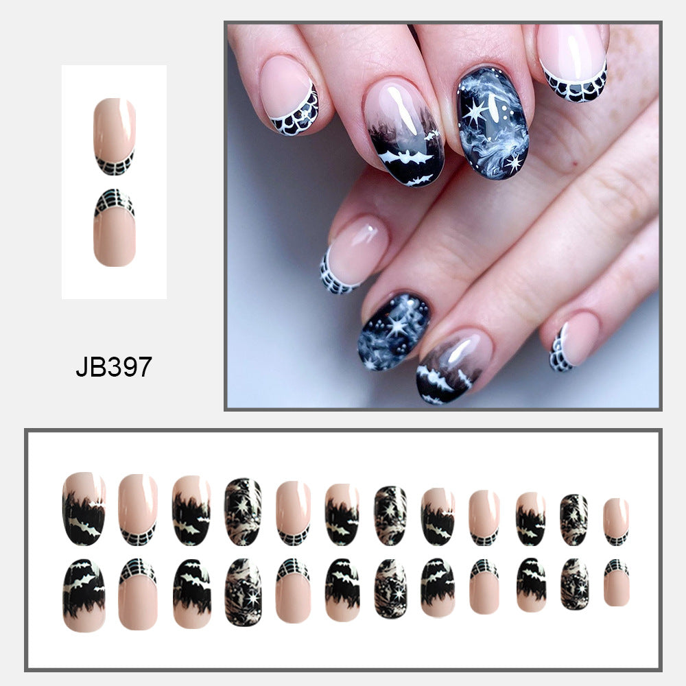 Short Round Cow Print Bat Halloween Nail Tips