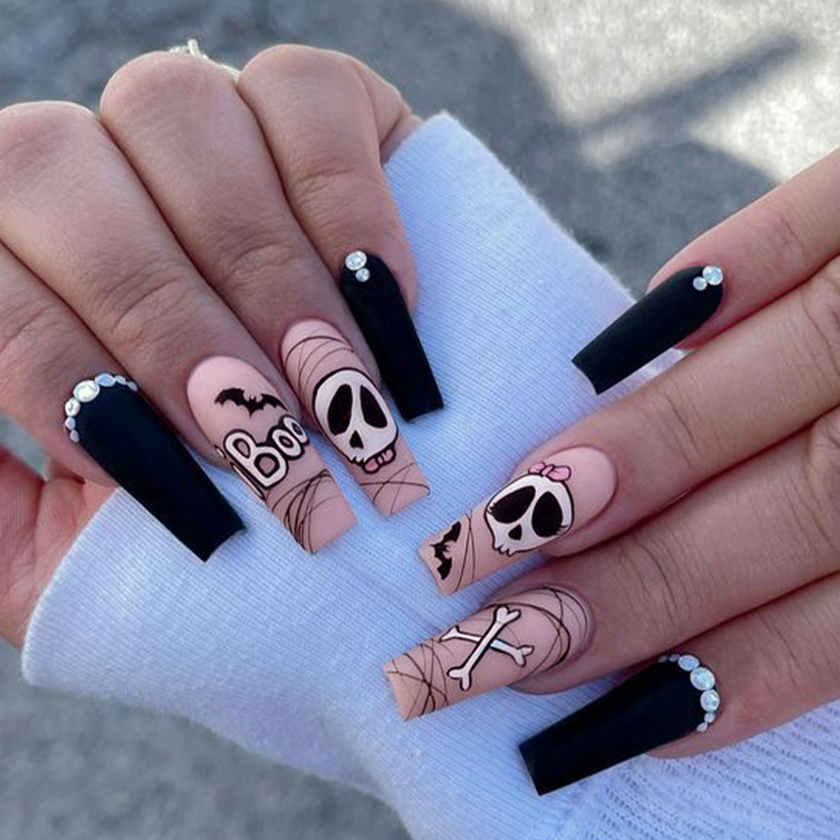 Skull and Bat Glitter Halloween Nail Tips