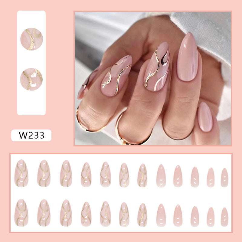 Shiny Gold Glitter Pink Almond Fall Nails, 24-Piece Set