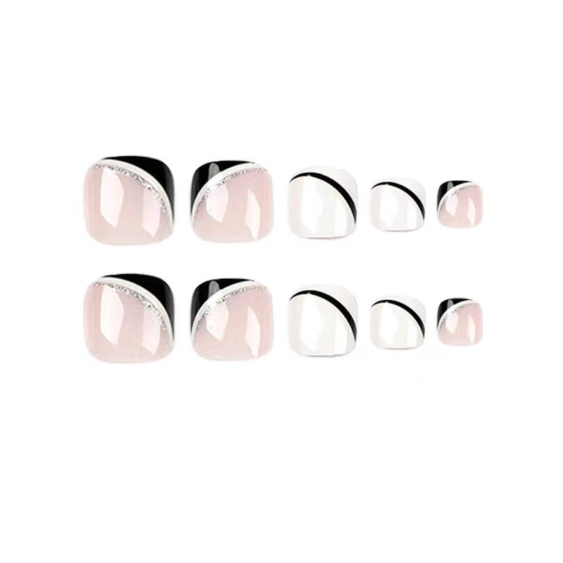 Removable Black & White French Wave Fall Toe Nails - Nail Tips