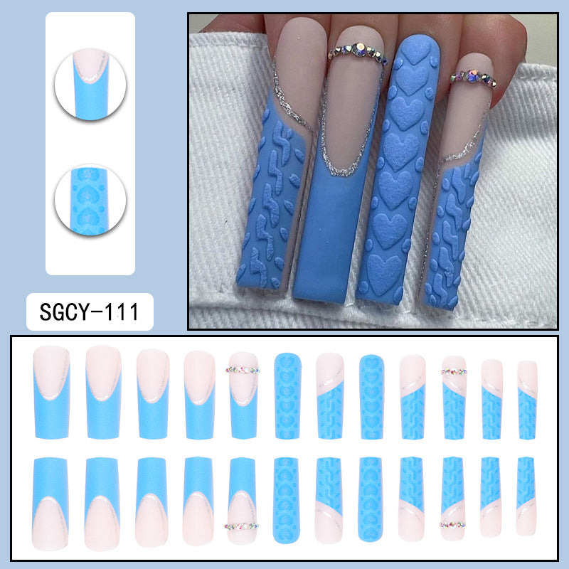 3D Heart Long Waterpipe Nails with Blue Sparkle