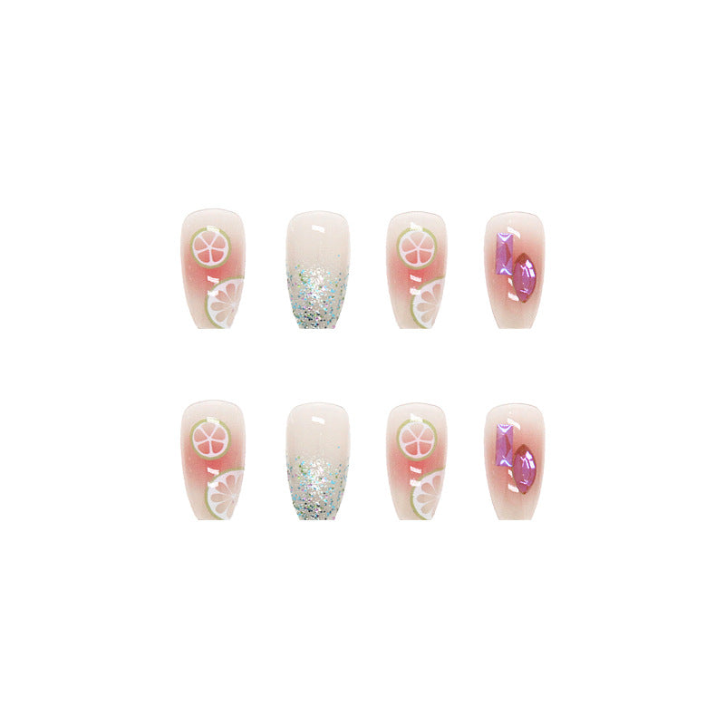 Wearable Short Ballet Fake Nails Fresh Lemon Sparkle Diamond Nail Tips