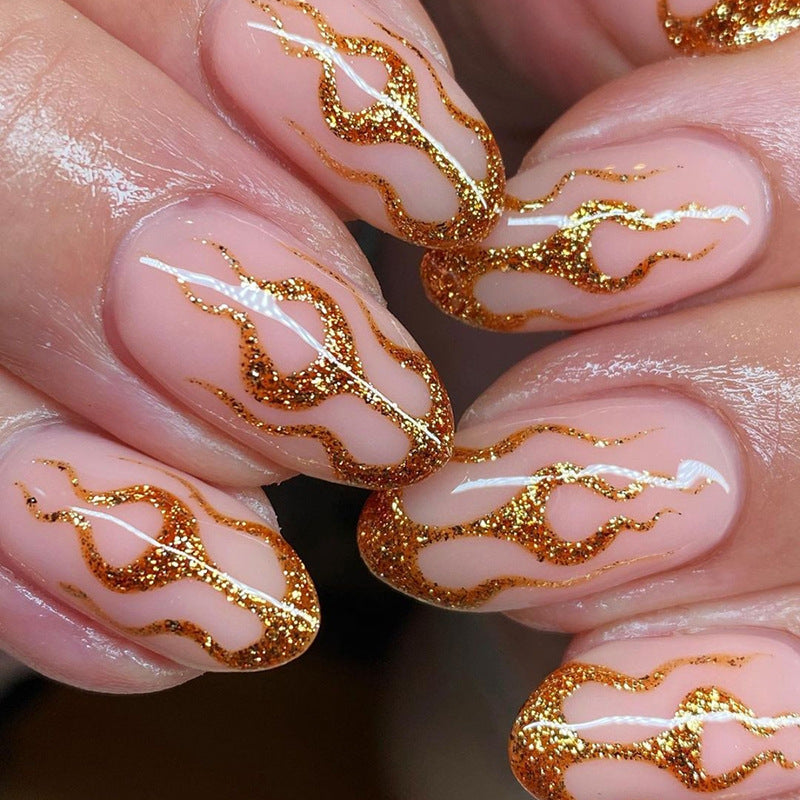 Shimmering Gold Flame Almond Fall Nails, 24-Piece Ins-Style Set