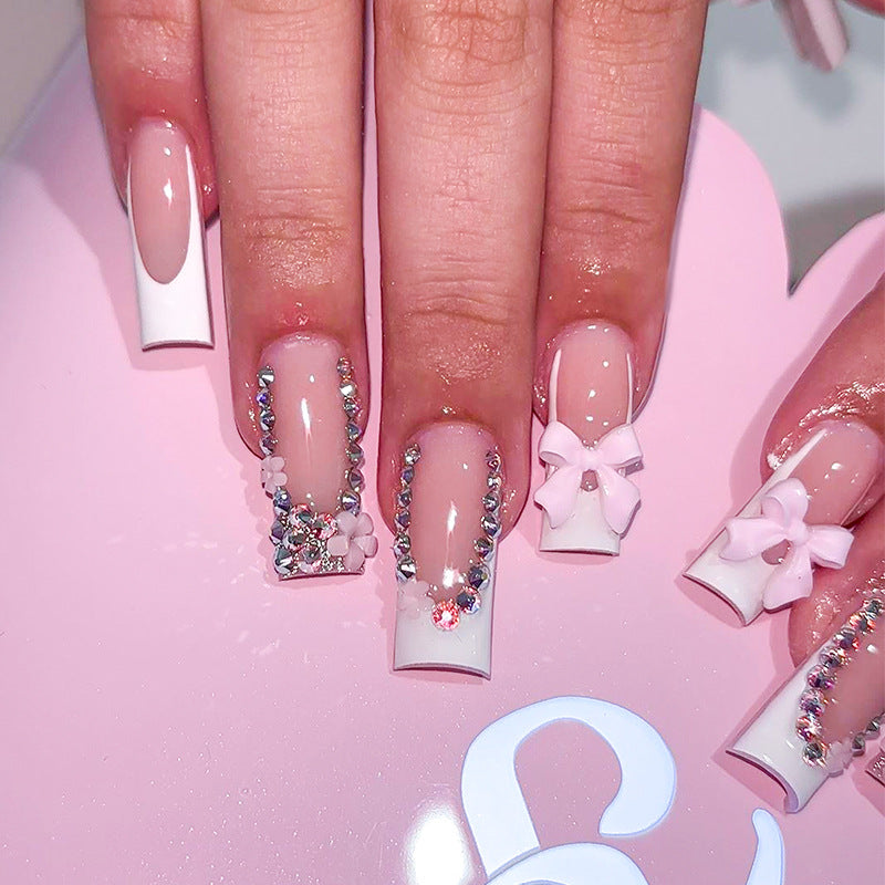 Long French Manicure Nail Tips with Bow Design