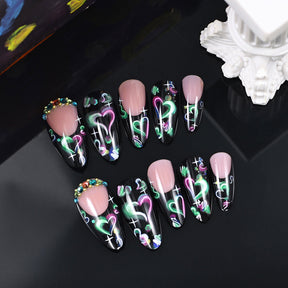 Dark Colored Heart Diamond Almond Nail Tips