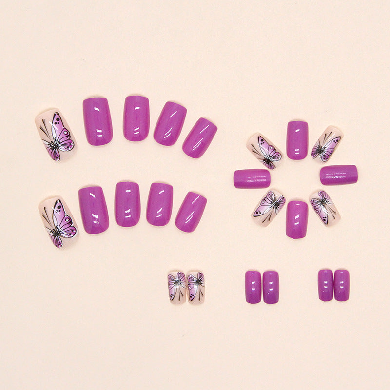 Bright Purple Mid-Length Square Nails, Gradient Butterfly, Spring/Summer Fashion