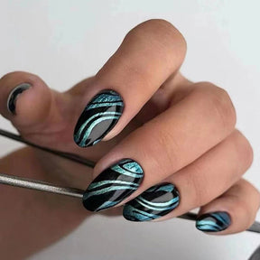 Aurora Blue Wave Oval Nails - Ins Style, Sweet & Cool