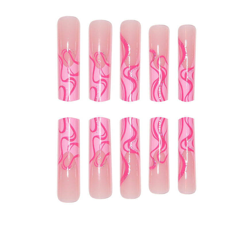 24 Long Pink Stripe Glitter Nail Tips, Sweet INS Style