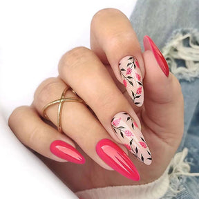 Rose Red Flower Almond Nails, Round Tip, Ins Style, Fashionable