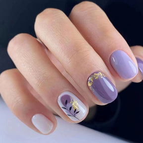 Baroque Vintage Blue-Purple Elegant Nails Gold Foil French Clean White Fake Nails