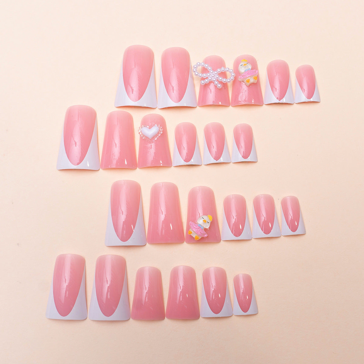 French Edge Handmade Duckbill Nail Tips with Pink Bow