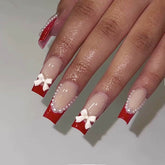 Y2K Long Ballet Red French Bow Nails, Removable & Stylish