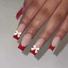 Y2K Long Ballet Red French Bow Nails, Removable & Stylish