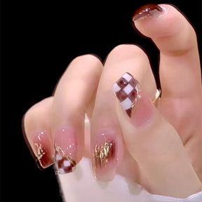 Short Checkerboard Gold Nail Extensions, White-Accent