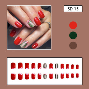 Red Short Square Christmas Nails with Tree Branch Designs