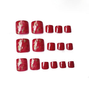 Removable Wine Red Gold Foil Line Toe Nail Tips