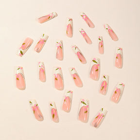 Removable Long Coffin French Nails with Colorful Flowers