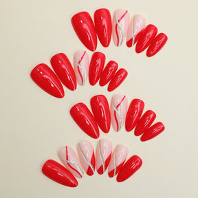 Popular Almond Shaped Striped Detachable Red Nails