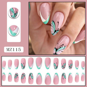 Chic French Green-White Butterfly Handmade Nail Stickers