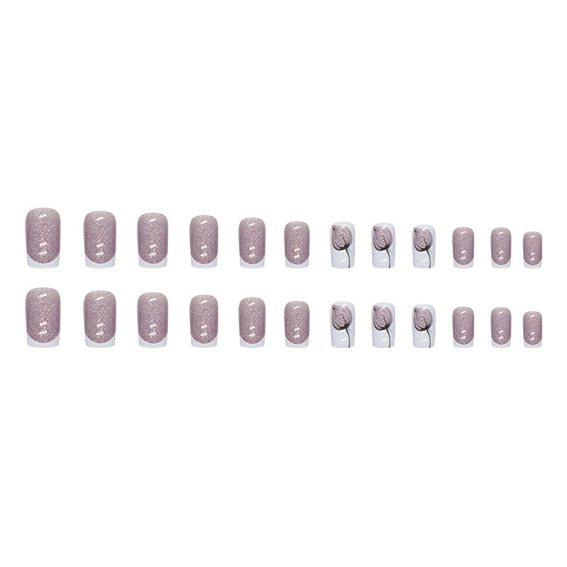 Shiny Full-Cover Square French Nail Stickers with Flower Buds