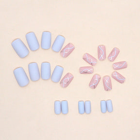 Square Mid-Length Pink Blue Gold Nails - Matte Finish, Wave Pattern