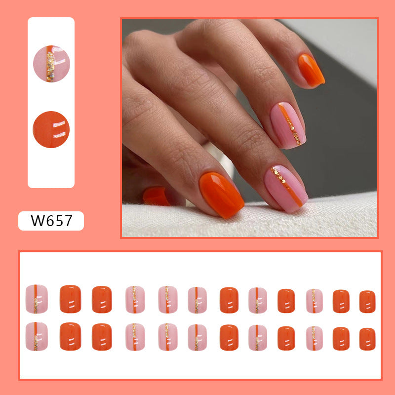 Cute Short Lucky Orange Glitter Nails Bright Yellow Solid Color Ins Style Fake Nails for Women